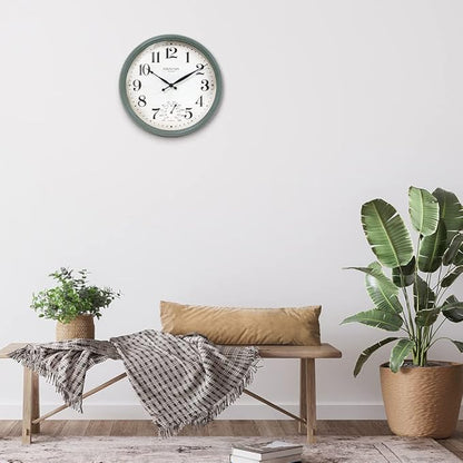 Maison in/Outdoor Clock with Thermometer, 2 in One Weather Station (Weather Thermometer/Wall Decoration) (Aged Teal, 13 inch)