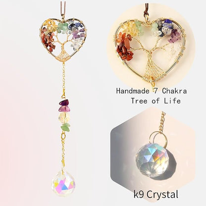 Crystal Sun Catcher, Heart 7 Chakra Tree of Life Crystal Suncatcher Hanging for Indoor Window, Dream Catchers for Car, Spiritual, Rainbow Maker, Christmas Decor
