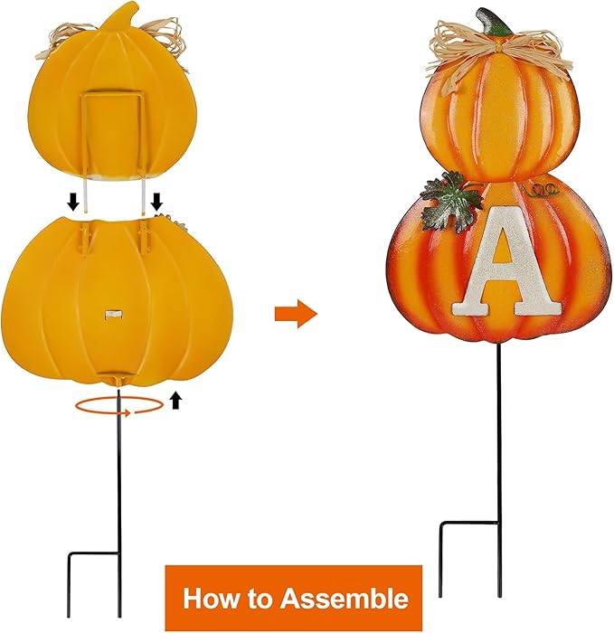 Juegoal 4 Pcs Fall Decorative Garden Stakes, 24 Inch Letter Metal Yard Sign with Pumpkins, Outdoor Art Stake for Thanksgiving Decorations Autumn Harvest Patio Lawn Walkway, Style A