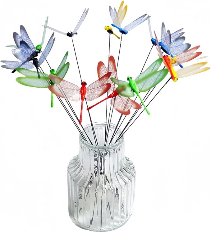 40 Pcs 3D Artificial Dragonfly Stakes Garden Ornaments Dragonfly Garden Decor for Indoor Outdoor Planter Miniature Fairy Garden Decoration,Yellow,Blue,Green,Red