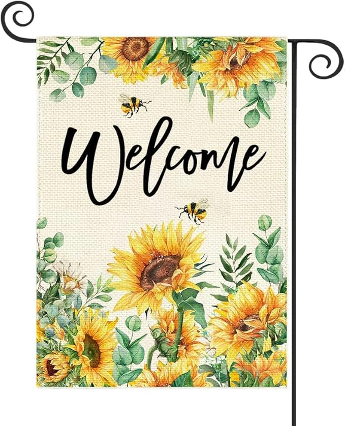Baccessor Spring Garden Flag Sunflower Bee Eucalyptus Leaves Welcome Flag 12.5 x 18 Inch Double Sided Burlap Yard Small Spring Summer Flag for Outside Decor