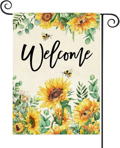 Baccessor Spring Garden Flag Sunflower Bee Eucalyptus Leaves Welcome Flag 12.5 x 18 Inch Double Sided Burlap Yard Small Spring Summer Flag for Outside Decor