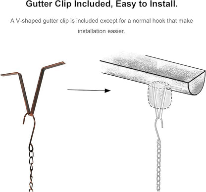 Glitzhome 8.5 FT Lotus Flower and Bell Rain Chains, Faux Copper Patina Finish Rain Chains for Gutters, Adjustable Rain Catcher Chain with V-Shaped Gutter