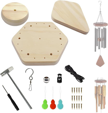 Wind Chime Kit 28 PCS Wind Chime Replacement Parts Including Hexagon Top, Clapper, Wind Catcher, 19.6FT Nylon Cord, DIY Wood Windchime Supplies (Wood)