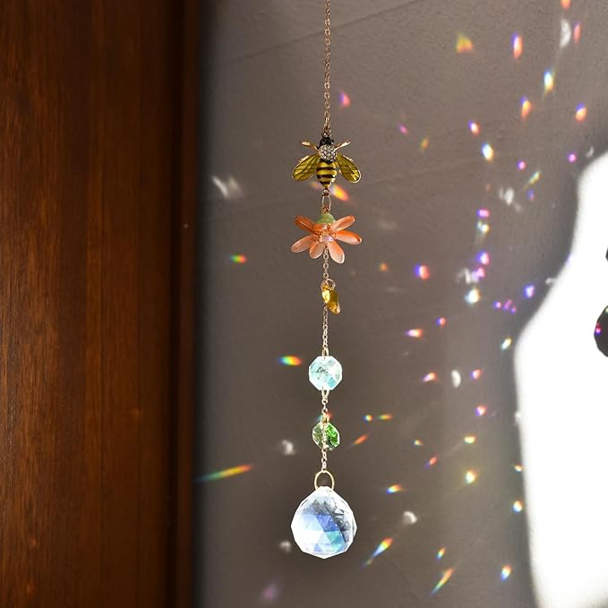 Crystal Suncatcher with Bee, Hanging Rainbow Maker with Colorful Prisms, Honeybee Suncatcher Gift, Window Ornament for Home, Garden, Patio Decor