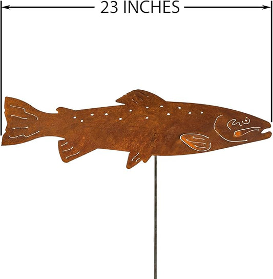 Swimming Trout Garden Stake Set of 3, Made in USA, Rusty Steel, Real Rust Finish (Large)