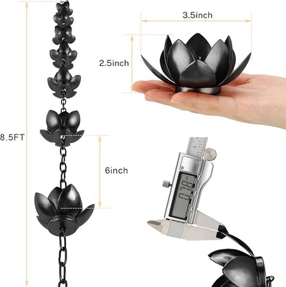 Oak Leaf Rain Chain with Adapter, 8.5ft Adjustable Lotus Rain Catcher Chain for Gutters Outside Downspout, for Divert Water and Home Display, Black Powder Coated