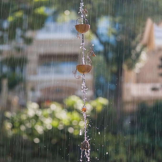 10.1ft Rain Chain for Outside, Rain Chain with 12 Peacock Cups, Adjustable Rain Catcher Chain for Outside, Replacement Downspout for Gutters, Eaves, Drainage