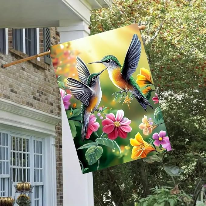 House Flags for Outside 28 x 40 Double Sided, Burlap Large Spring Summer Garden Flag Hummingbird Flowers Outdoor Flags Seasonal Farmhouse Yard Patio Porch Décor