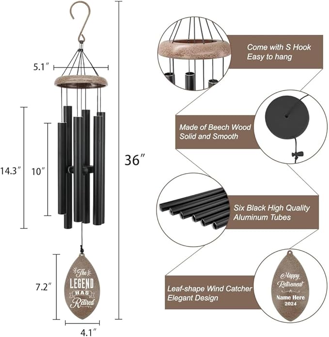 ASTARIN Personalized Happy Retirement Gift, Custom Name Retirement Wind Chimes for Women Men, 35" Large Deep Tone Wind Chime Retire Gifts for Teacher Husband Friends Parents(Produced in USA)