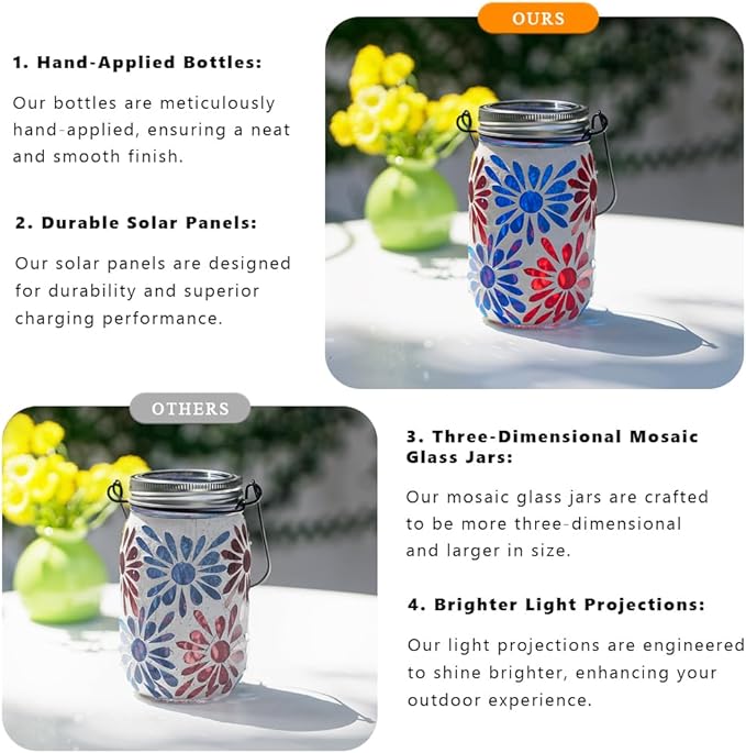 Starsoul 2 Pack Solar Lanterns Outdoor Waterproof, Mosaic Flowers Glass Solar Hanging Outdoor Lights, Decorative Solar Lantern for Outside Pathway Patio Porch Yard Decor