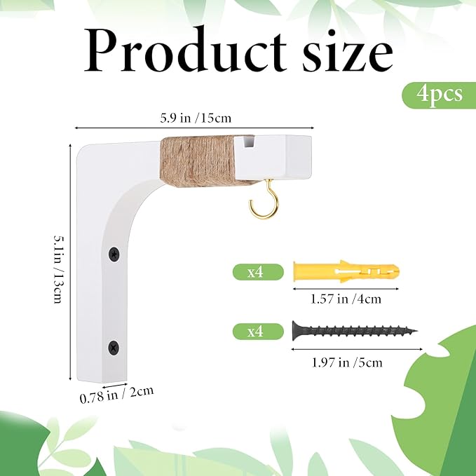 4 Pack Wooden Plant Hangers Hanging Wall Plant Hooks Farmhouse Wooden Hanging Basket Wall Hooks for Lanterns, Flower Bracket, Wind Chimes, Lamp, Bird Feeders, Patio Decor, White, 6 inch