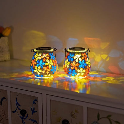 Stargarden 2Pack Mosaic Solar Lanterns, Glass Hanging Lantern Waterproof Outdoor Haning Lights Flower Decorative Table Lamp for Garden ,Patio,Yard Decor