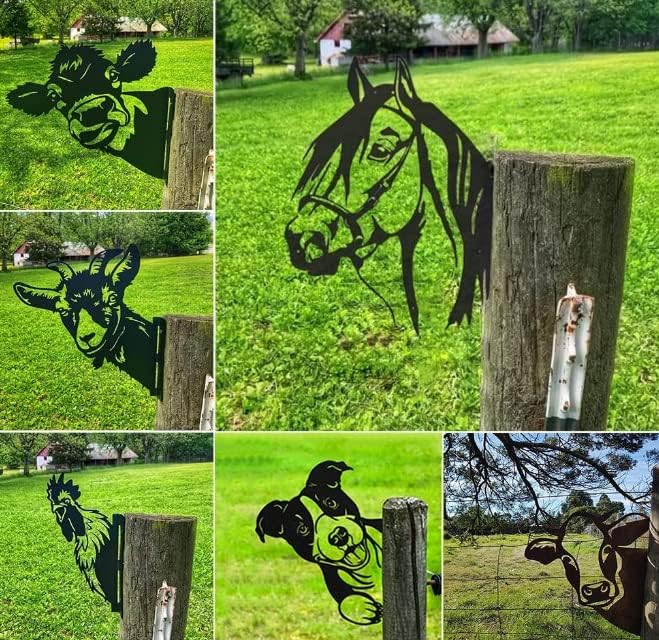 Farm Bear Art Garden Decor Outdoor Decoration, Farm Peeping Cow Metal Art Outdoor Decor, Fence Animals Silhouette Art Decoration for Farmhouse, Yard, Lawn Weather (D)
