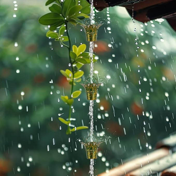 10ft Rain Chains for Outside, 12-Cup Rain Chain Replacement Downspout for Gutters,Eaves, Drainage, Adjustable Length(Gold & Green)