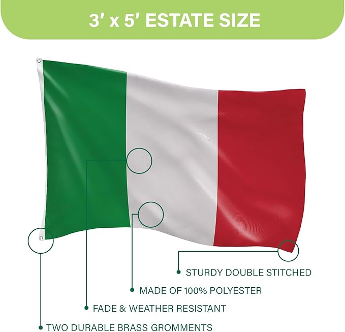 Evergreen Italian Flag 3x5 Outdoor Double Sided, IT Italy Flags for Outside with Grommets, 3-Ply Banners for Garden Patio, Indoor Wall Decor for Room, Works with Standard Estate Flag Poles