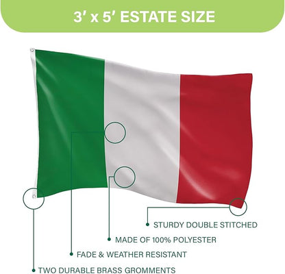 Evergreen Italian Flag 3x5 Outdoor Double Sided, IT Italy Flags for Outside with Grommets, 3-Ply Banners for Garden Patio, Indoor Wall Decor for Room, Works with Standard Estate Flag Poles