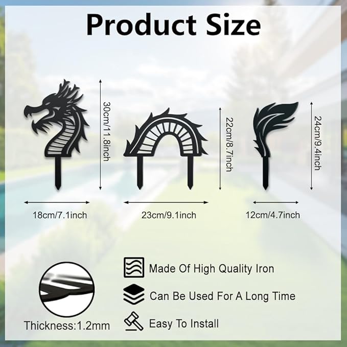 WADORN 3 Styles Dragon Metal Decorative Garden Stakes, Funny Chinese Dragon Metal Silhouette Statues Animals Garden Ornament Gifts Black Yard Art Decoration for Outdoor Backyard Patio Lawn Walkways