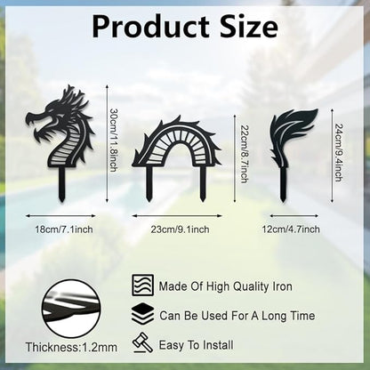 WADORN 3 Styles Dragon Metal Decorative Garden Stakes, Funny Chinese Dragon Metal Silhouette Statues Animals Garden Ornament Gifts Black Yard Art Decoration for Outdoor Backyard Patio Lawn Walkways