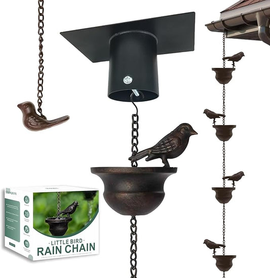 Metal Bird Rain Chain for Gutters, 9.5 Ft Rust-Resistant Outdoor Rain Catcher with Hanging Gutter Adapter, Perfect for Heavy Rain, Indoor/Outdoor Decoration, Dark Bronze Finish