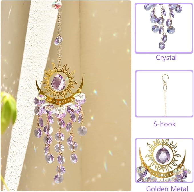Crystal Suncatcher, Suncatchers for Windows Hanging, Sun Catchers Indoor Window, Unique Crystal Wind Chimes for Indoor & Outdoor Decoration, Gift for Sutffers Home Decor (Purple)