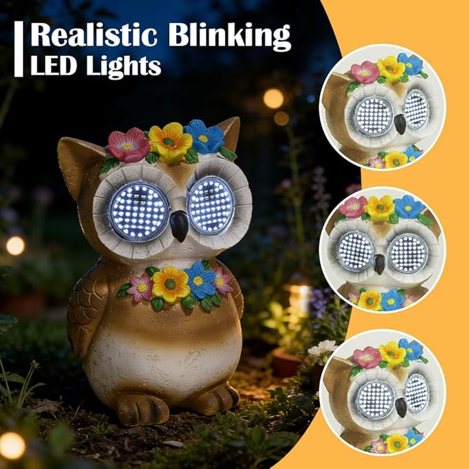 Solar Garden Statue with LED Lights, Dynamic Blinking Lights and Flowers, Outdoor Garden Figurine for Patio Porch Lawn Backyard Decor, Housewarming Gifts for Women (Owl)