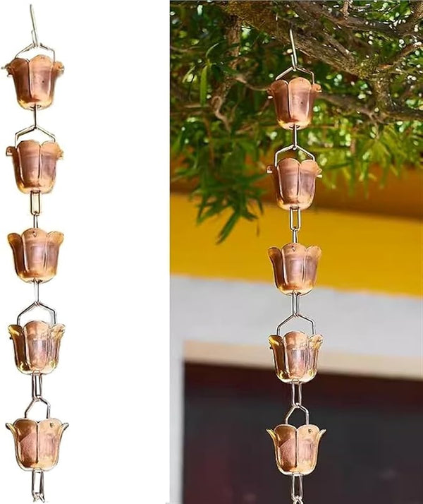 Pentagonal Rain Chain, Bell-Shaped Rain Chain for Gutter Downpipe, Garden Outdoor Decorative Rain Chain(Copper,2.4m/8ft)