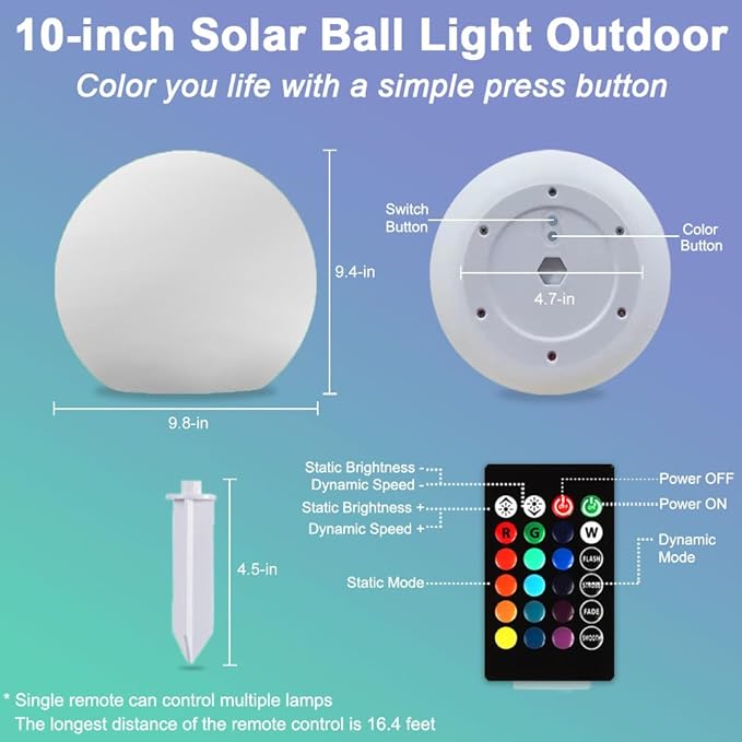 10-in Solar Orb Light, Waterproof Solar Globe Light Outdoor Dimmable RGB Color Changing Solar Garden Ball Light for Outside w/Remote, Landscape Lighting Mood Lamp w/Ground Stake for Yard Poolside Lawn