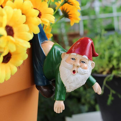 Gnome Figure Plant Pot Hanger, Turtle Flower Pot Hugger, Resin Gnome Statue, Funny Pot Huggers for Planters, Cute Climbing Tortoise Flower Pot Hugger, Garden Fence Balcony Patio Yard (GNOME)