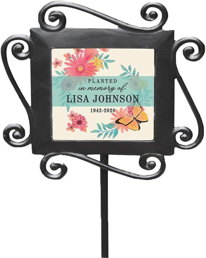 GiftsForYouNow Personalized Planted in Memory of Garden Stake, 28” by 8.5”, Wrought Iron Stake with Decorated Tile, Front Yard Garden in Memory of