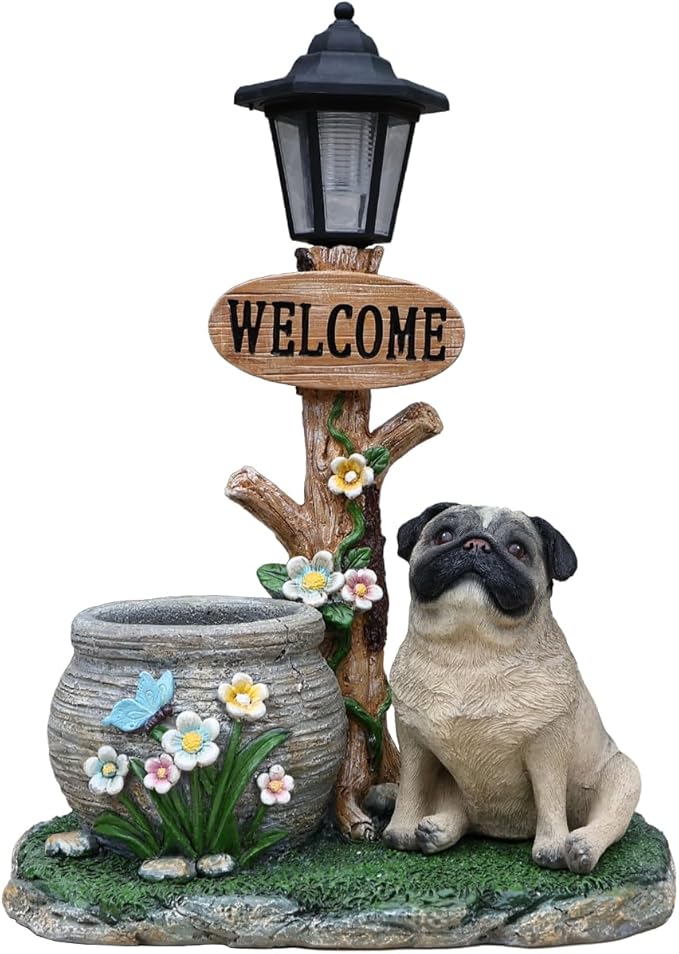 Solar Light Animal Outdoor Statue Planter with Welcome Sign, Resin Garden Sculpture Flower Pot for Patio Lawn Porch Yard Courtyard Decor, Weather-Resistant Decorative Figurine Accent (N)