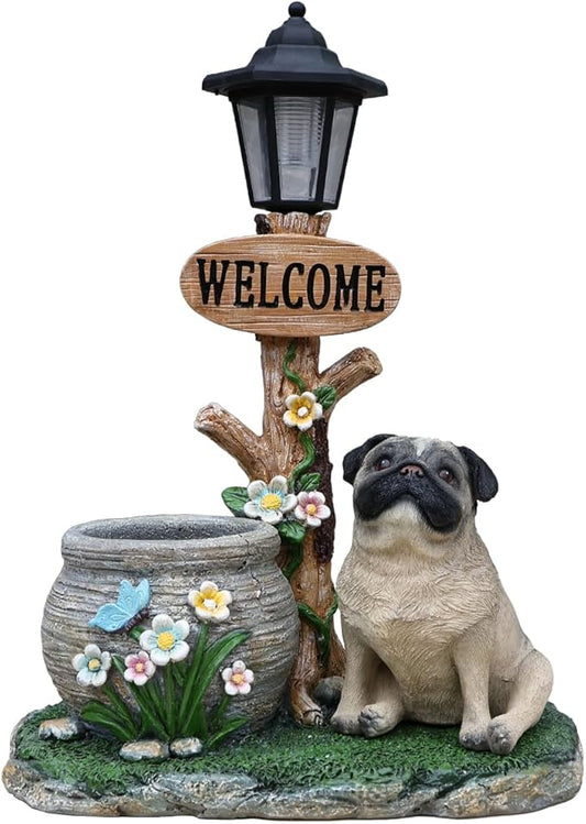 Solar Light Animal Outdoor Statue Planter with Welcome Sign, Resin Garden Sculpture Flower Pot for Patio Lawn Porch Yard Courtyard Decor, Weather-Resistant Decorative Figurine Accent (N)