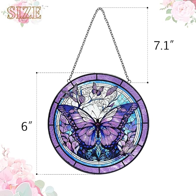 Butterfly Sun Catcher Stained Glass Window Hanging - Purple Butterfly Sun Catchers Wall Art Glass Panel - Handmade Suncatchers for Doors Home Garden Decor - Mothers Day Birthday Gifts for Mom Grandma