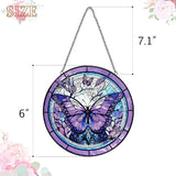 Butterfly Sun Catcher Stained Glass Window Hanging - Purple Butterfly Sun Catchers Wall Art Glass Panel - Handmade Suncatchers for Doors Home Garden Decor - Mothers Day Birthday Gifts for Mom Grandma