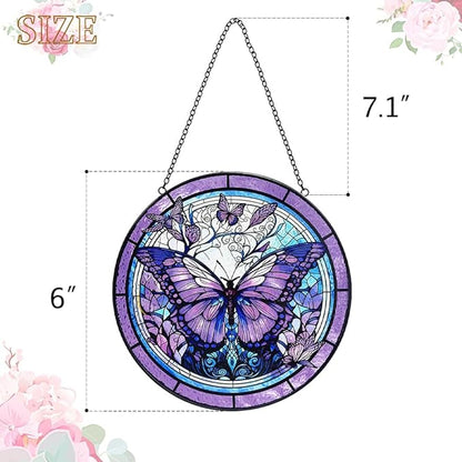 Butterfly Sun Catcher Stained Glass Window Hanging - Purple Butterfly Sun Catchers Wall Art Glass Panel - Handmade Suncatchers for Doors Home Garden Decor - Mothers Day Birthday Gifts for Mom Grandma