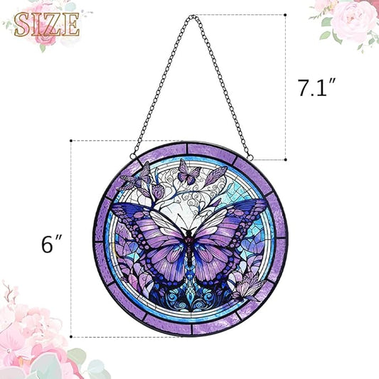 Butterfly Sun Catcher Stained Glass Window Hanging - Purple Butterfly Sun Catchers Wall Art Glass Panel - Handmade Suncatchers for Doors Home Garden Decor - Mothers Day Birthday Gifts for Mom Grandma