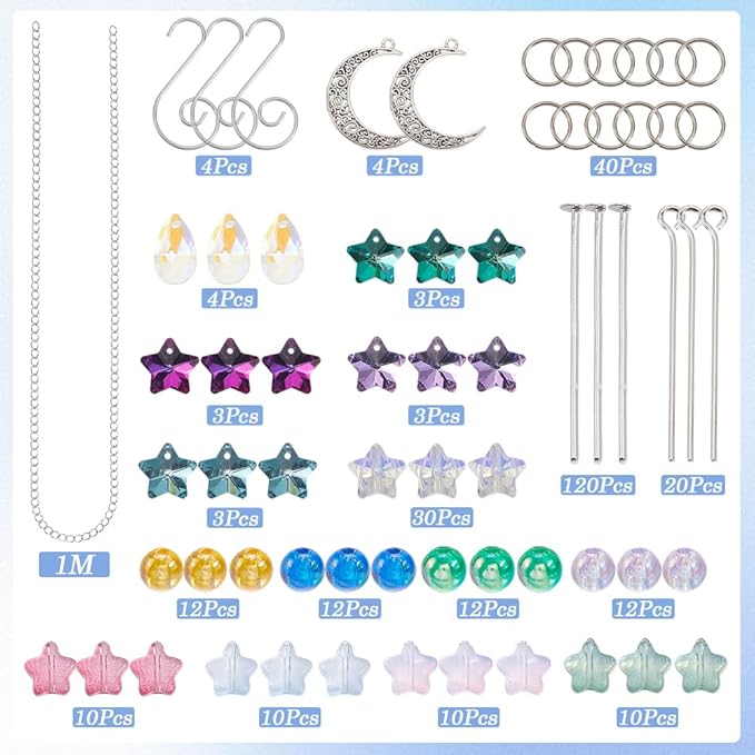 SUNNYCLUE 1 Box DIY 4 Sets Moon Suncatcher Craft Rainbow Catcher Window Moon Star Five Star Pentagram Ab Colored Beaded Teardrop Sun Light Catcher Making Kit for Hanging Ornament Garden Decorations