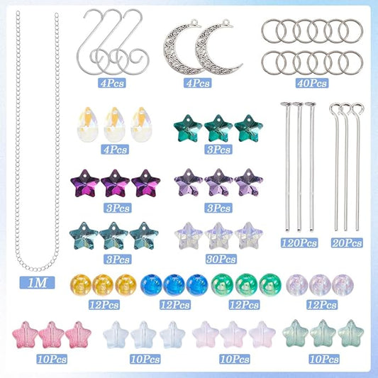 SUNNYCLUE 1 Box DIY 4 Sets Moon Suncatcher Craft Rainbow Catcher Window Moon Star Five Star Pentagram Ab Colored Beaded Teardrop Sun Light Catcher Making Kit for Hanging Ornament Garden Decorations
