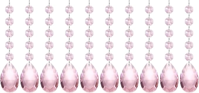 PATIKIL Teardrop Crystal Chandelier Pendants Beads, 10 Pack 145mm Length 38mm Chandelier Prisms Parts Ornaments Hanging Beads for DIY Arts Crafts Decoration, Pink