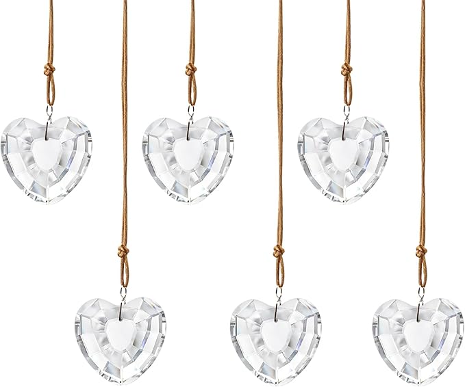 6pcs Clear Crystal Glass Heart Prisms Ornaments Valentines Heart Hanging Crystals Decor for Window Home Car Garden