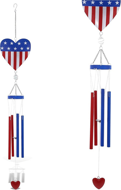 CoTa Global USA Flag Heart Wind Chime - American Flag Patriotic Indoor or Outdoor Windchime Home Decor with Hanging Bells, Handcrafted Glass and Metal Wind Chimes for Yard, Garden, Porch – 36 Inches