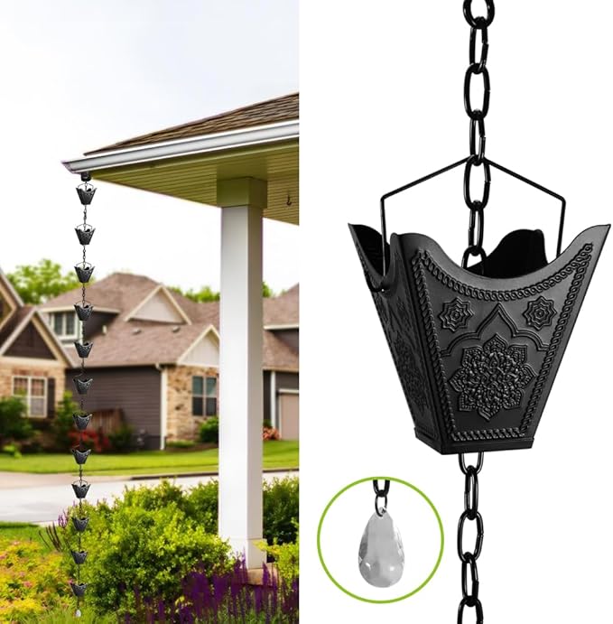 Vindar Rain Chains, 3D Mandala Carving Black Rain Chain, 8.5ft Large Cup Powder Metal Rain Chains for Outside, Replacement Downspout for Gutters Downspouts