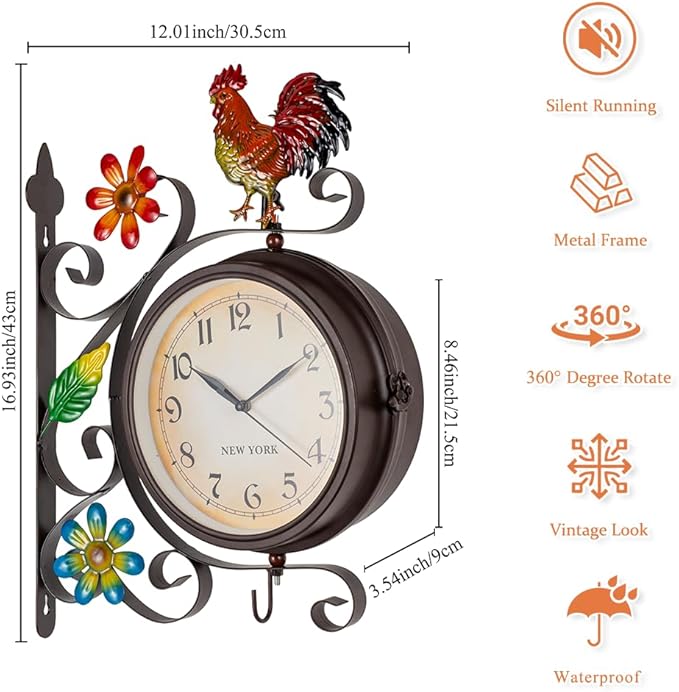 Vintage Indoor Outdoor Clock - Silent Non-Ticking, Double Sided Wall Clock with Rooster Decor Waterproof for Garden, Patio, Yard, Farmhouse, Home Décor (Orange)