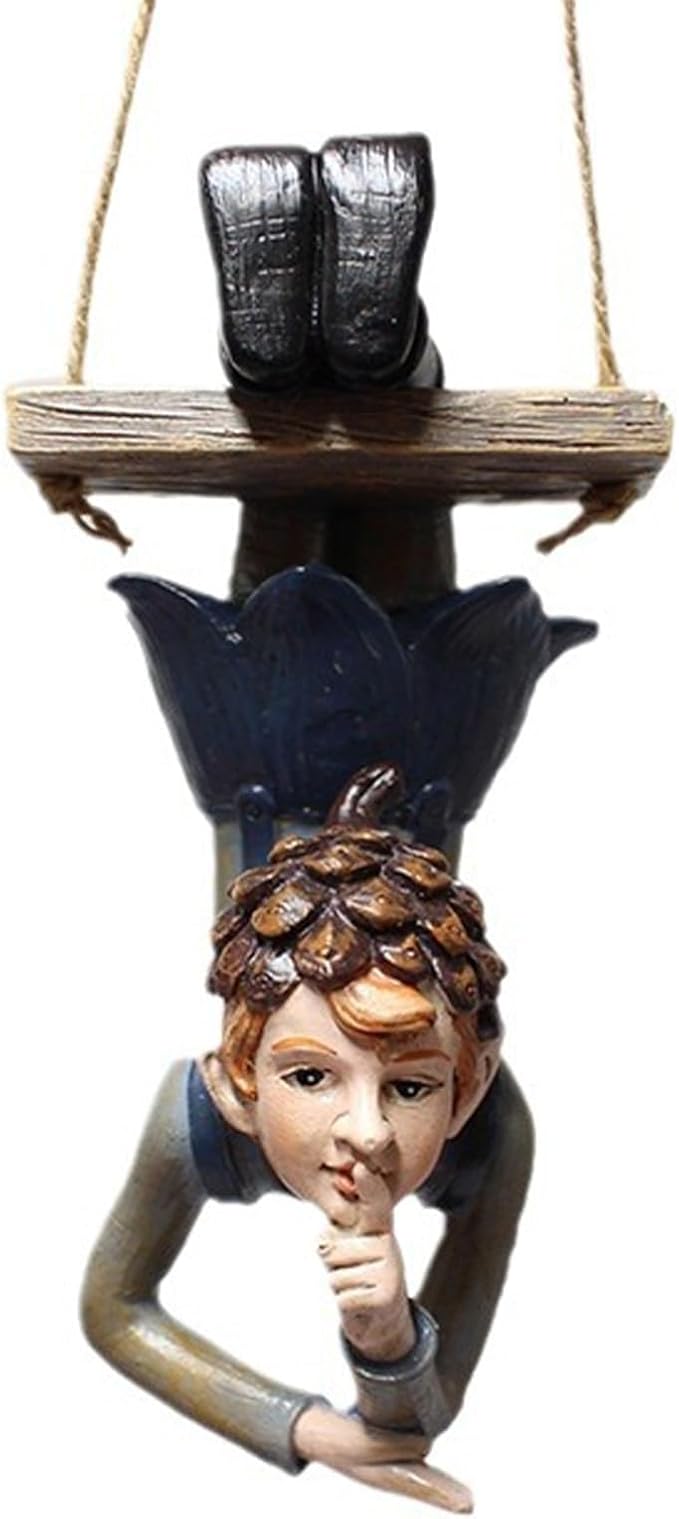 Swinging Fairy Garden Statue, Resin Hanging Ornament for Outdoor Trees, Patio and Yard Decor All Weather Fairy on a Swing Figurine for Fantasy Garden Displays (Brown)