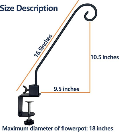 Heavy Duty Deck Hook,Courtyard Decoration,Pole 16.5”Long Metal Deck Railing Hooks for Hanging Bird Feeders,Planters,Suet Baskets,Lanterns,Wind Chimes,Clamp Mounted,Under 18 LBS(2 Pack)