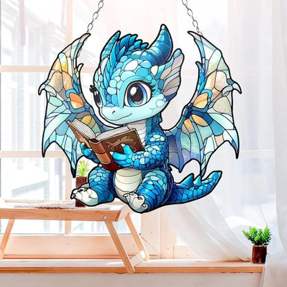 Dragon Reading Book Acrylic Suncatcher Ornament Fantasy Window Hanging Lover Decoration Bookish Home Decor Sun Catchers for Windows Acrylic Decorations Outdoor