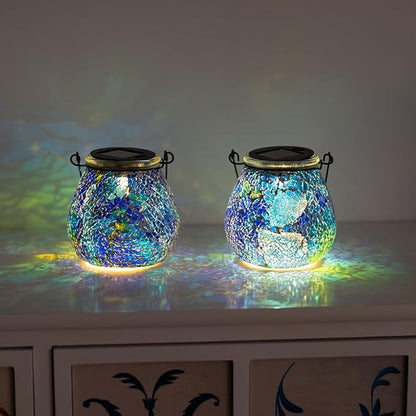 Stargarden 2Pack Mosaic Solar Lantern ,Outdoor Hanging Waterproof Mosaic Light Solar Table Lamp for Garden ,Patio,Yard Decor (Blue )