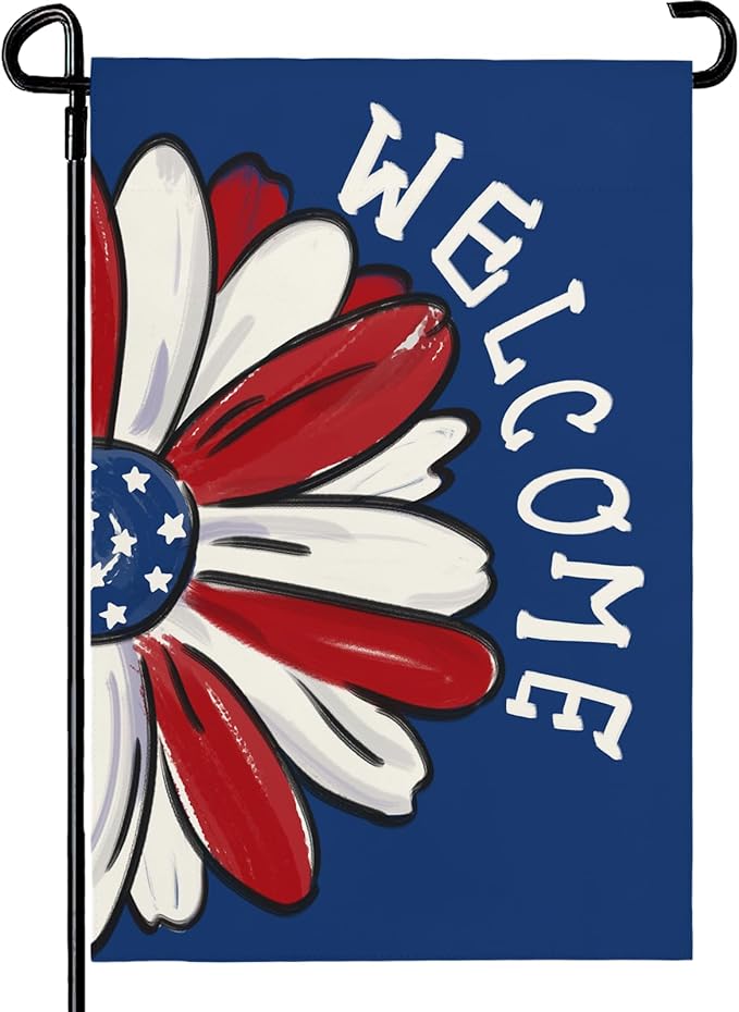 4th of July Garden Flag Patriotic Daisy Double Sided Yard Flag Burlap Welcome Independence Day House Banner Memorial Day Floral America Blue Garden Flags Outdoor Decoration 12x18 Inch