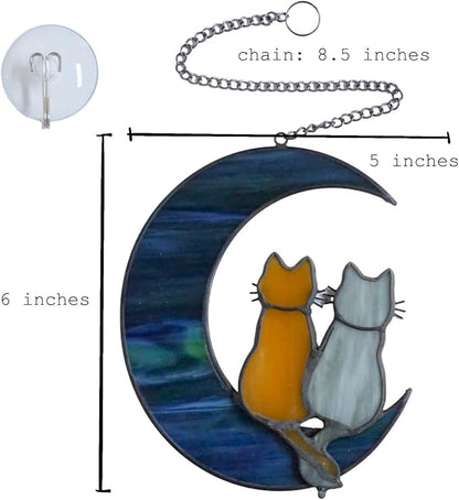 Cat Stained Glass Suncatcher – Cat on Moon Real Glass Window Hanging – Unique Modern Design Wall Art for Home or Garden Décor – Perfect Feline Lover Gift