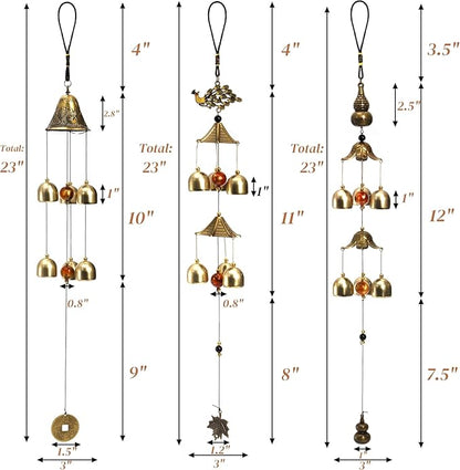 Eorbow 3 Packs Lucky Wind Chimes, Chinese Wind Bell, 6-Bell Vintage Hanging Bell Chimes with Gourd Dragon Peacock Coin for Good Luck Wealth Blessing, Home Garden Patio Decoration